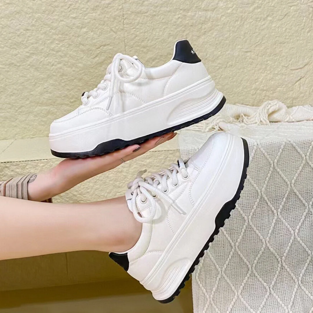 nwyY506春季真皮厚底超轻百搭女ins小白鞋圆头系带潮流休闲板鞋