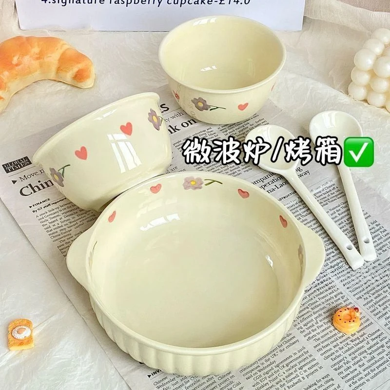 奶油紫藤花陶瓷釉下彩双耳碗一人食餐具套装带勺筷宿舍泡面沙拉碗