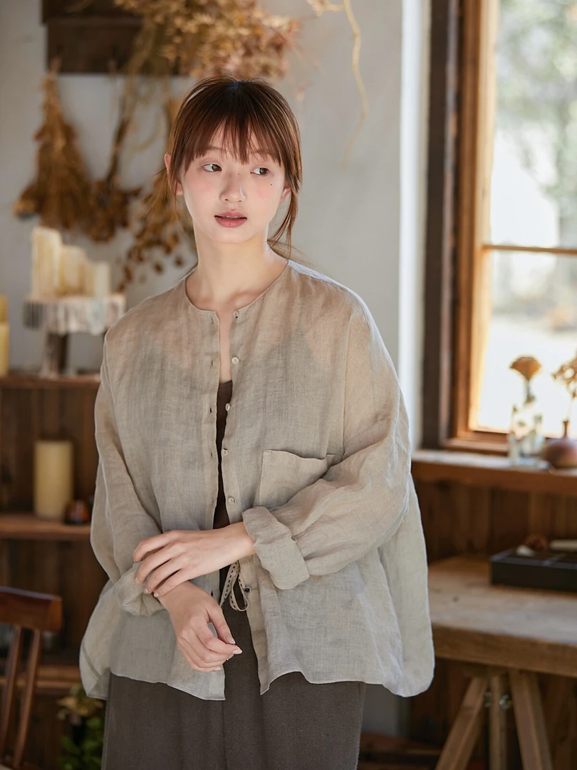 100%里尔雨露麻纱【72公支】夏款圆领开襟松弛大衬衫长袖刺绣