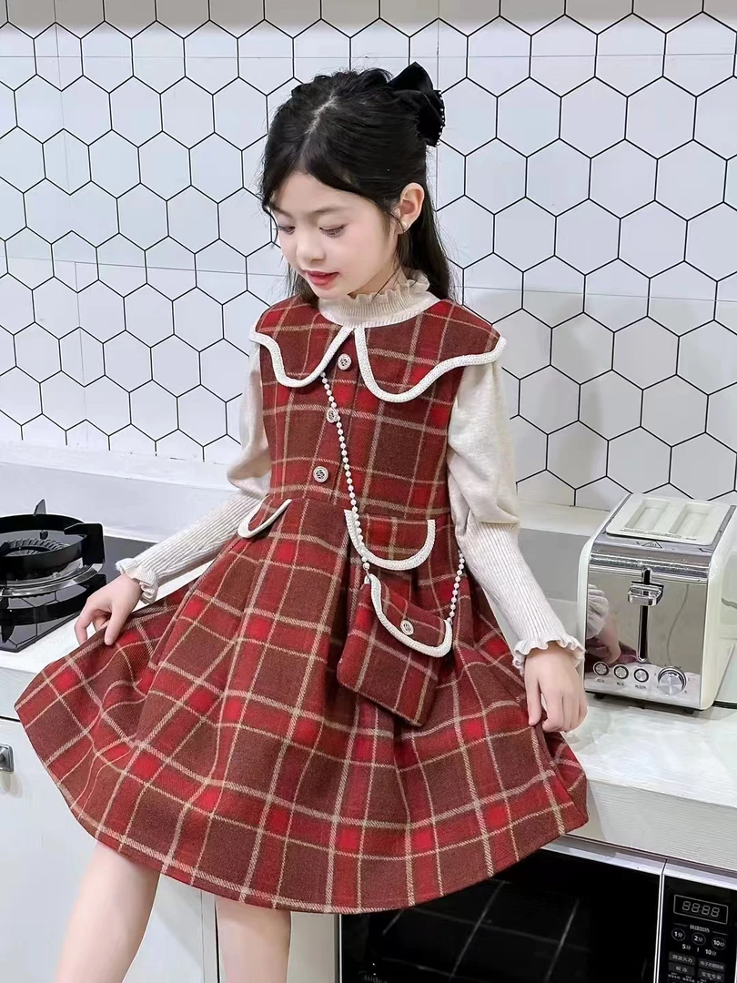 女童套裙94322379秋冬新款甜美公主风格子背心裙子打底衫两件套