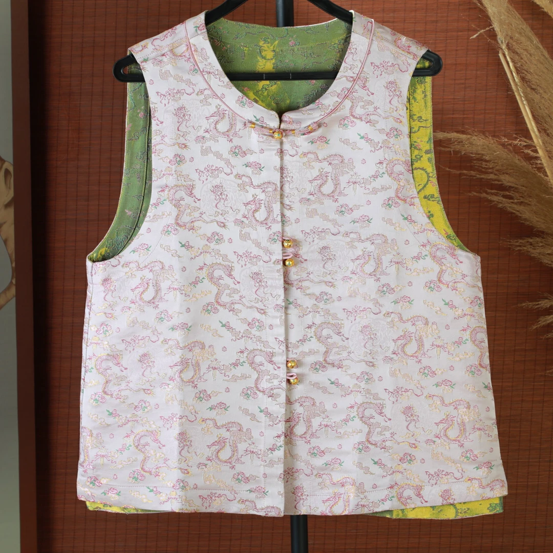 洋  新中式风 粉色游云苍龙 马甲 L 232524