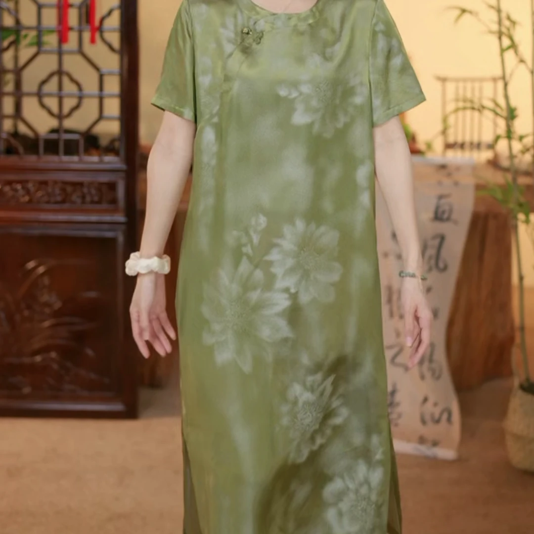 佳 新中式桑蚕丝色织沙画连衣裙 240368