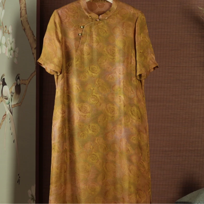 华 新中式风栗色旗袍连衣裙 824075