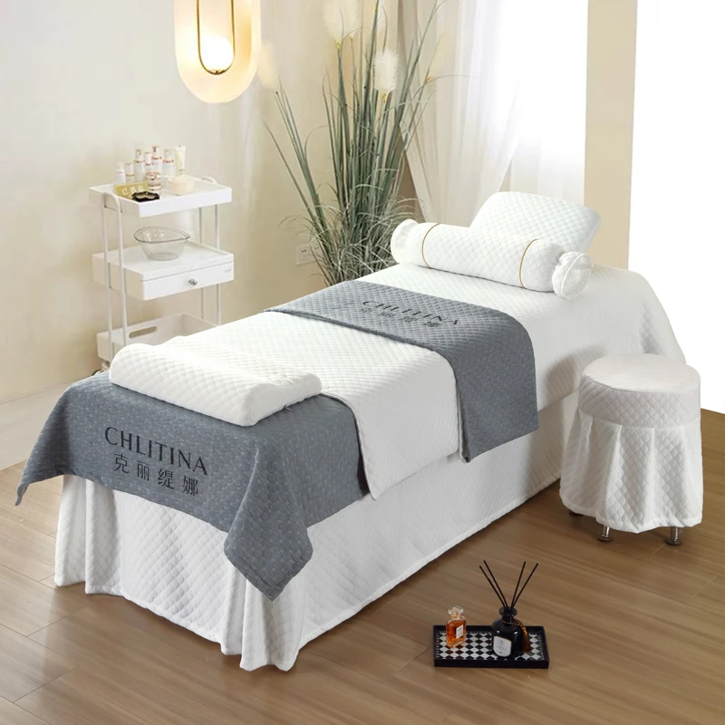 新款高档纯色针织棉美容床罩四件套轻奢简约按摩美容院四季款床套