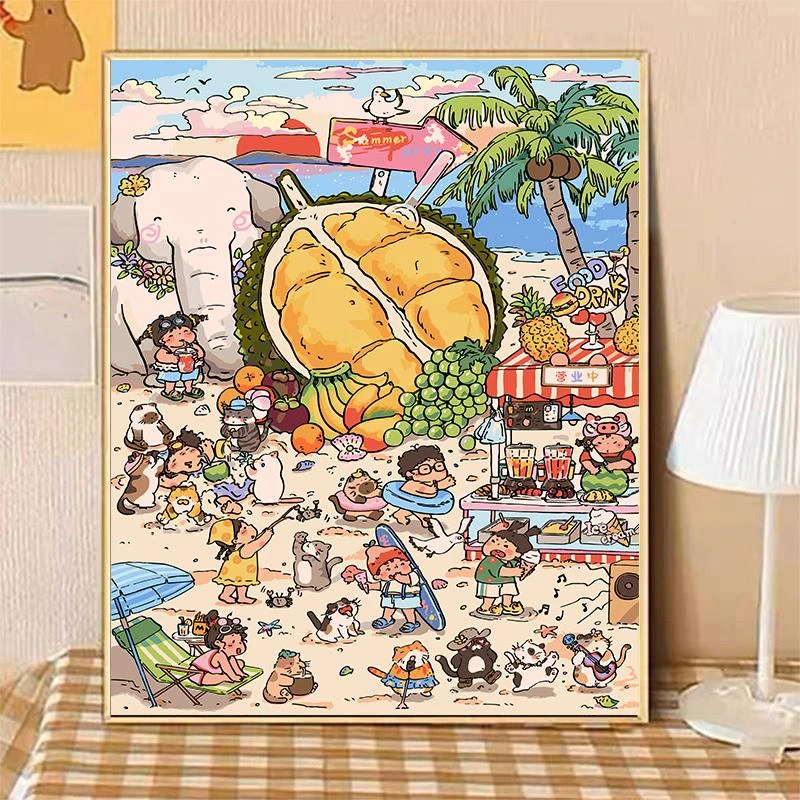【八代背板】夏日沙滩派对DIY数字油画插画系列手工丙烯装饰画