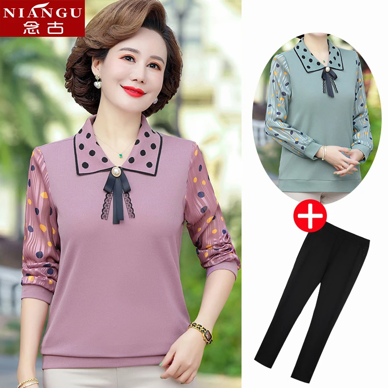 妈妈春装时尚翻领宽松显瘦上衣40岁50中老年女装春季长袖T恤衫薄