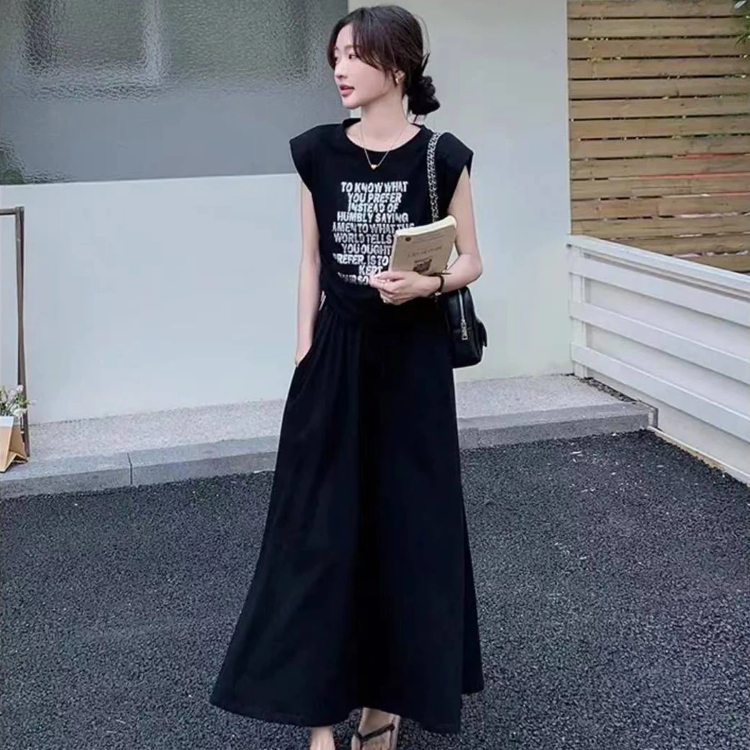 夏季新款时尚休闲黑色字母t无袖T恤气质显瘦宽松复古半身裙子套装