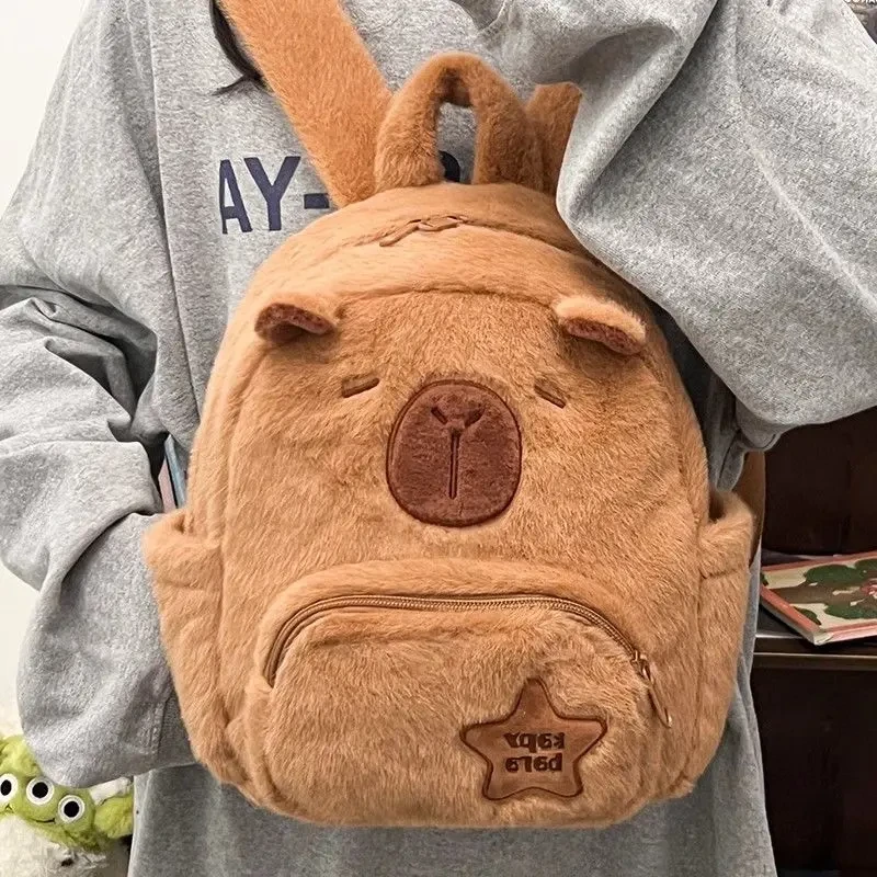 学生上课书包卡皮巴拉毛绒水豚包包休闲百搭毛毛包大容量双肩包yj