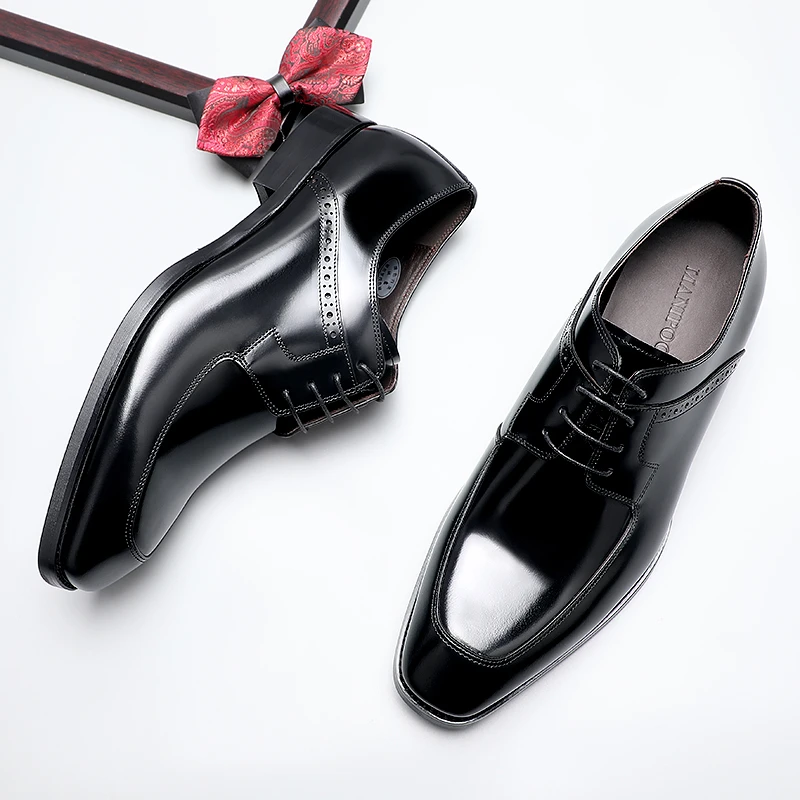 型男帅气皮鞋男潮流商务小方头真皮正装男鞋英伦风系带亮面德比鞋