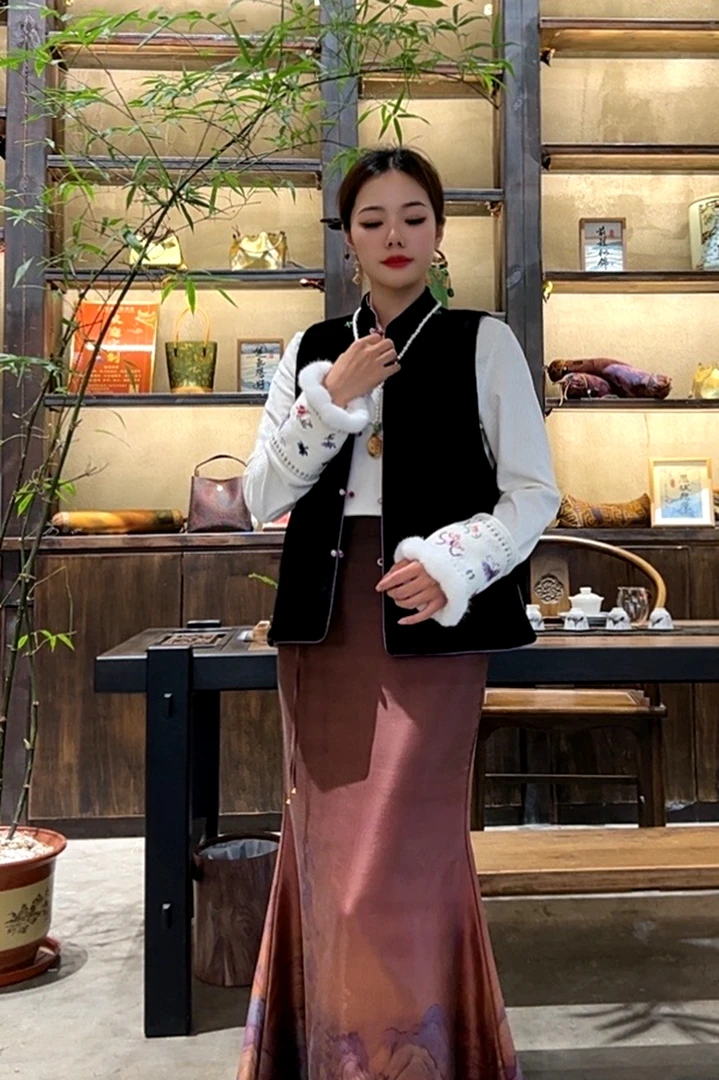 【粉媚黑绒】锦莨桑蚕丝新中式马甲上衣复古百搭双面宋锦丝绒中国风