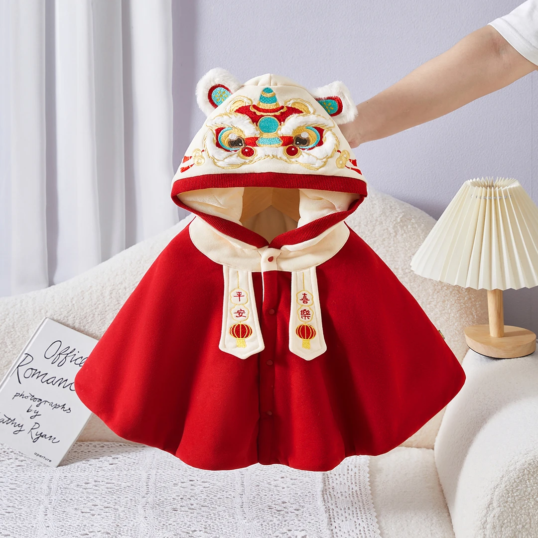 本印苏拉婴儿斗篷冬季加绒国风醒狮披肩儿童周岁礼服CHQD2230-1