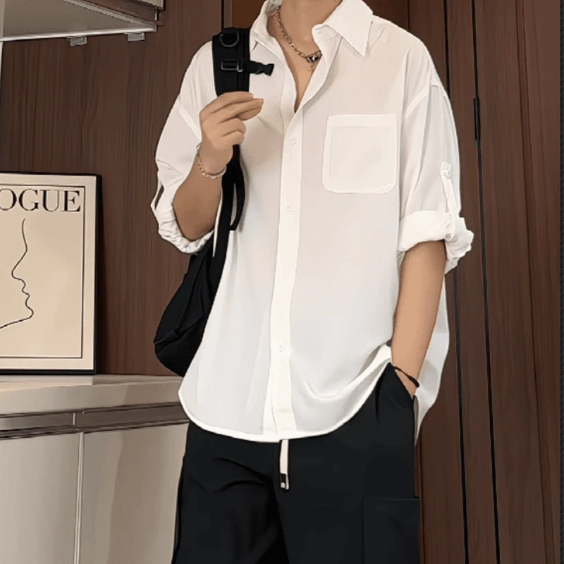 夏季男士冰丝衬衫短袖宽松薄款衬衣可调节七分袖休闲垂感黑色上衣