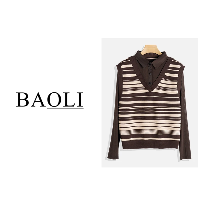 2023秋冬新款女士时尚拼接假两件毛针织衫显瘦百搭上衣FLGL66211