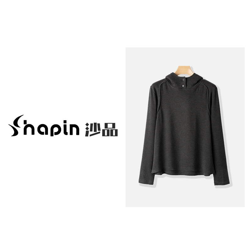 加厚时尚纽扣立领简约纯色连帽打底衫2024秋冬百搭长袖女F9208