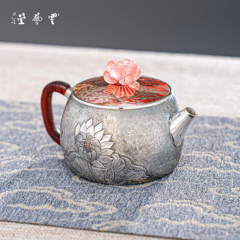 芸术云艺堂足银999陶瓷泡茶壶茶具纯手工银壶莲花