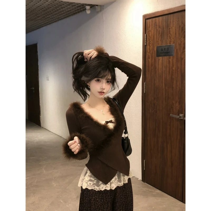 甜欲教主秋季纯欲显瘦小众蕾丝内搭开衫+豹纹垂感休闲长裤套装女