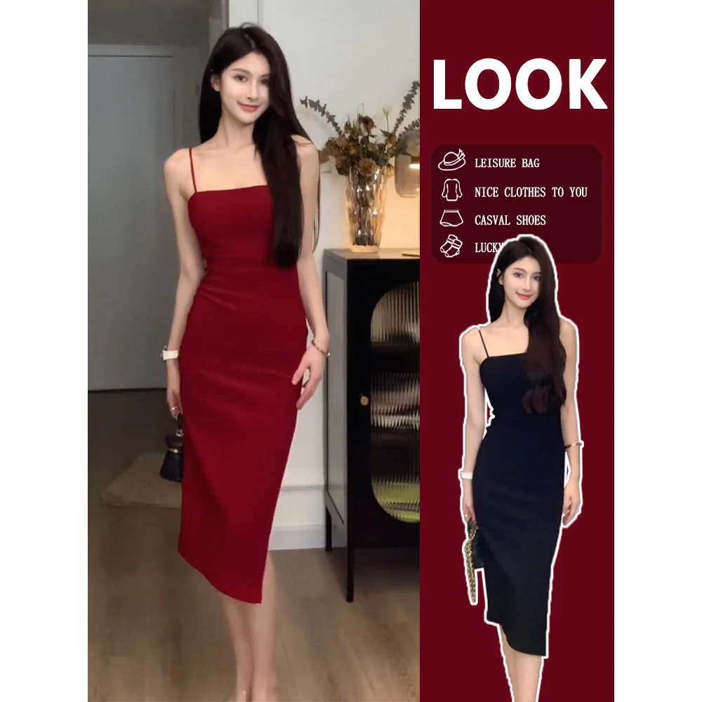 辣妹修身性感吊带连衣裙女2024年新款气质高级感巨显瘦开叉长裙子