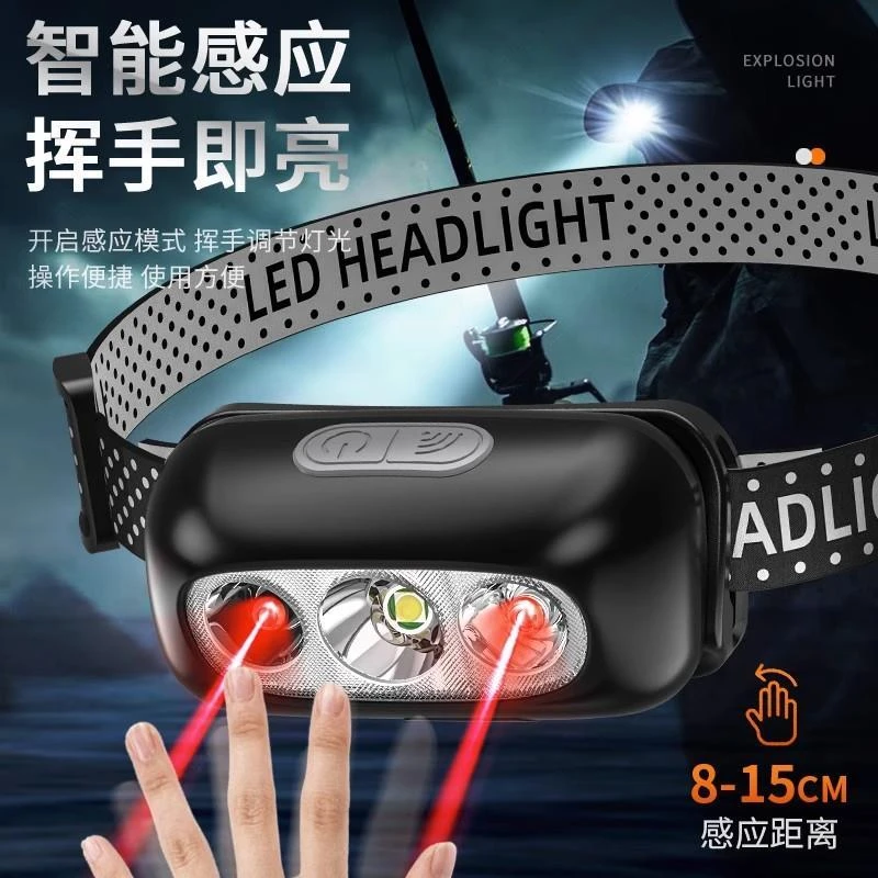 LED头灯超亮可充电头戴式强光感应特亮手电筒小型便携式夜钓鱼灯