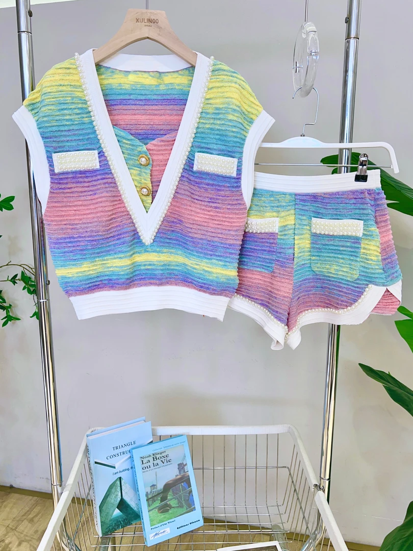 琳心丨春夏时尚气质彩色晕染无袖短裤针织套装 5418