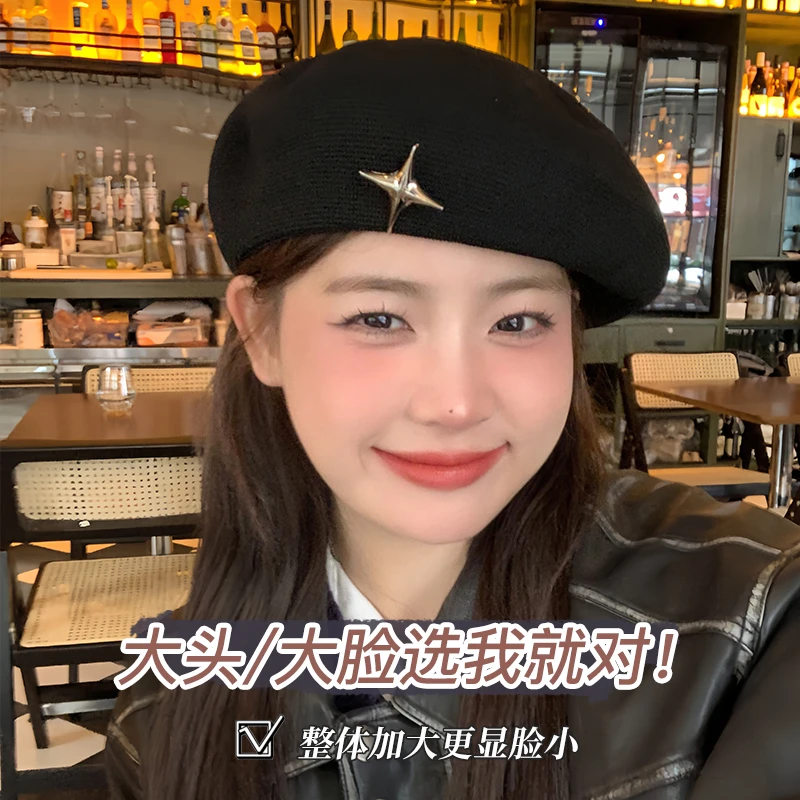 大头星球黑色贝雷帽大头围帽子女生美式复古画家帽显脸小蓓蕾帽男