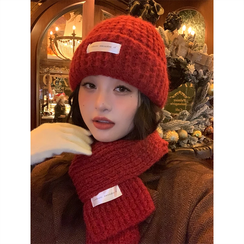 大头星球韩版百搭针织毛线红色围巾女冬季高级感保暖加厚情侣围脖