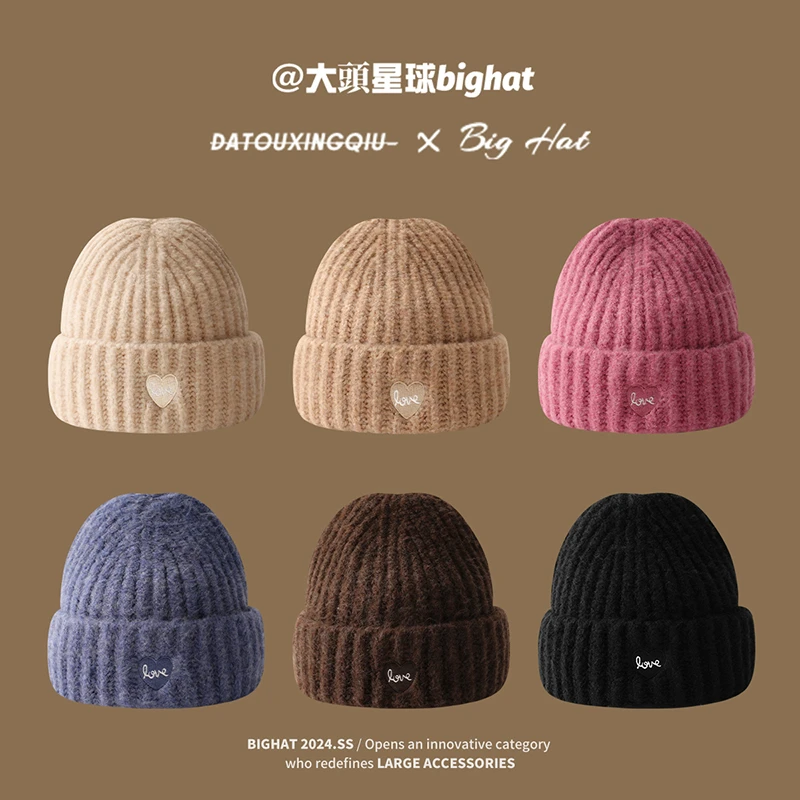 大头星球网红爱心刺绣毛线帽秋冬季保暖大头围帽子保暖护耳学生女