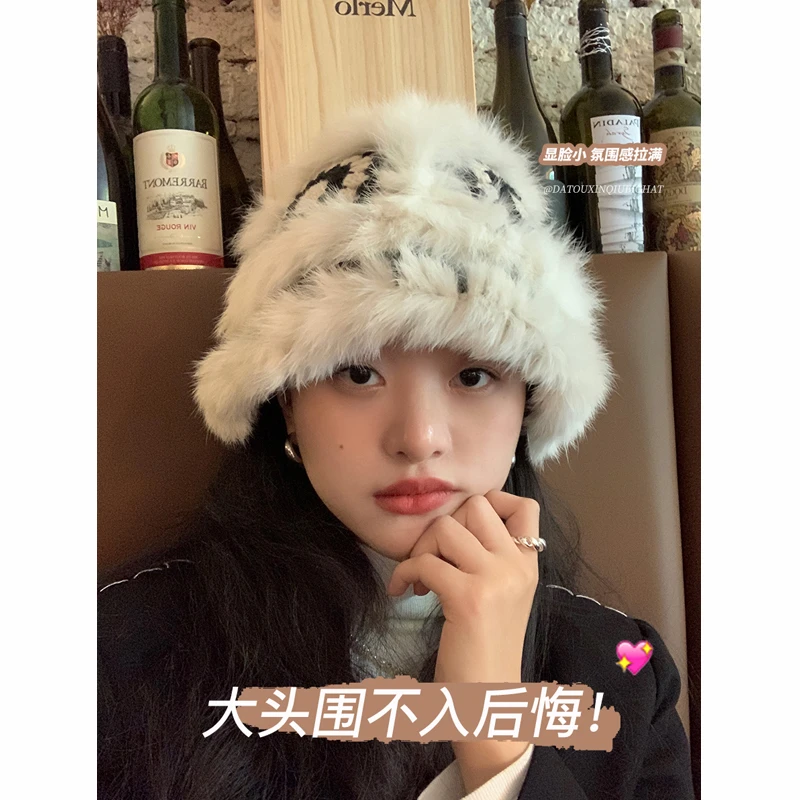 大头星球网红国潮醒狮渔夫帽大脸适合帽子女兔毛水桶帽氛围感毛绒