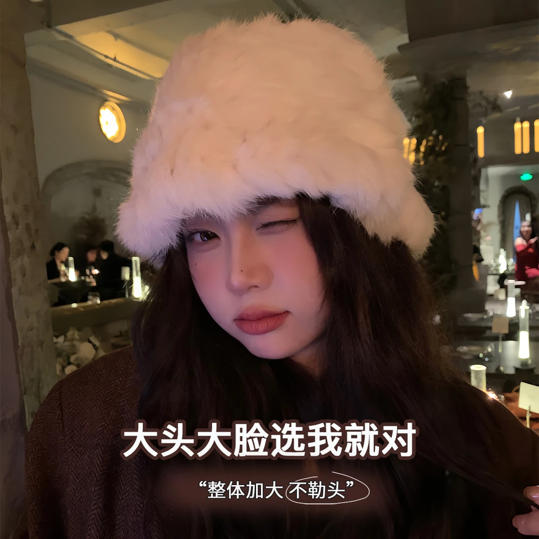 大头星球白色兔毛渔夫帽大头围帽子女款显脸小毛绒水桶帽加厚盆帽