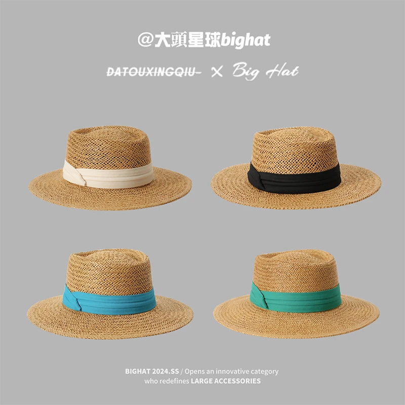 大头星球夏季草帽名媛平顶礼帽大头围防晒帽草编帽子大帽檐遮阳帽