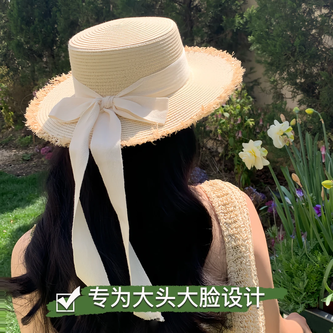 大头星球夏季女草帽蝴蝶结加大头围大脸草编帽子遮阳防晒帽太阳帽