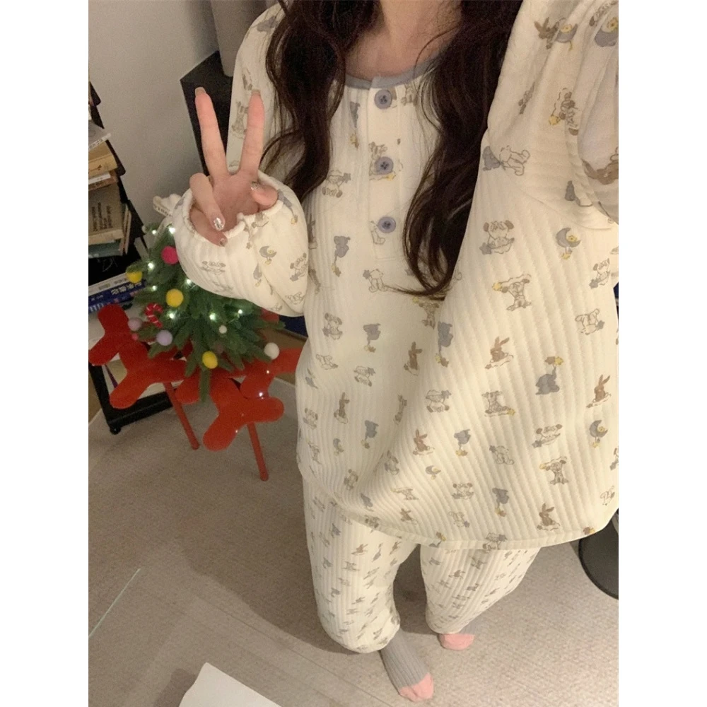 韩版ins夹层睡衣女秋冬季加厚保暖卡通可爱长袖空气棉家居服套装