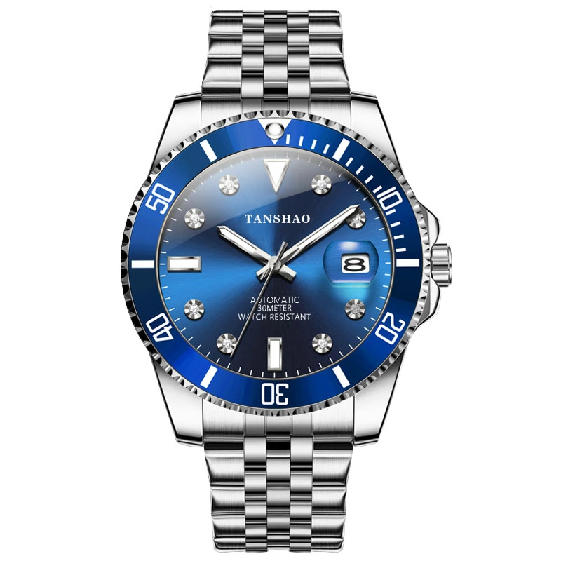 【正品直供】蓝水鬼/全自动日历镂空防水夜光手表男钢带潮流男表