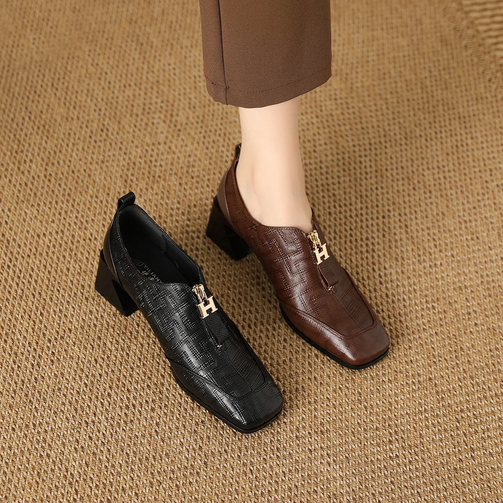 单鞋女中跟春季新款深口真皮压花羊皮中老年大码粗跟女鞋1683-7