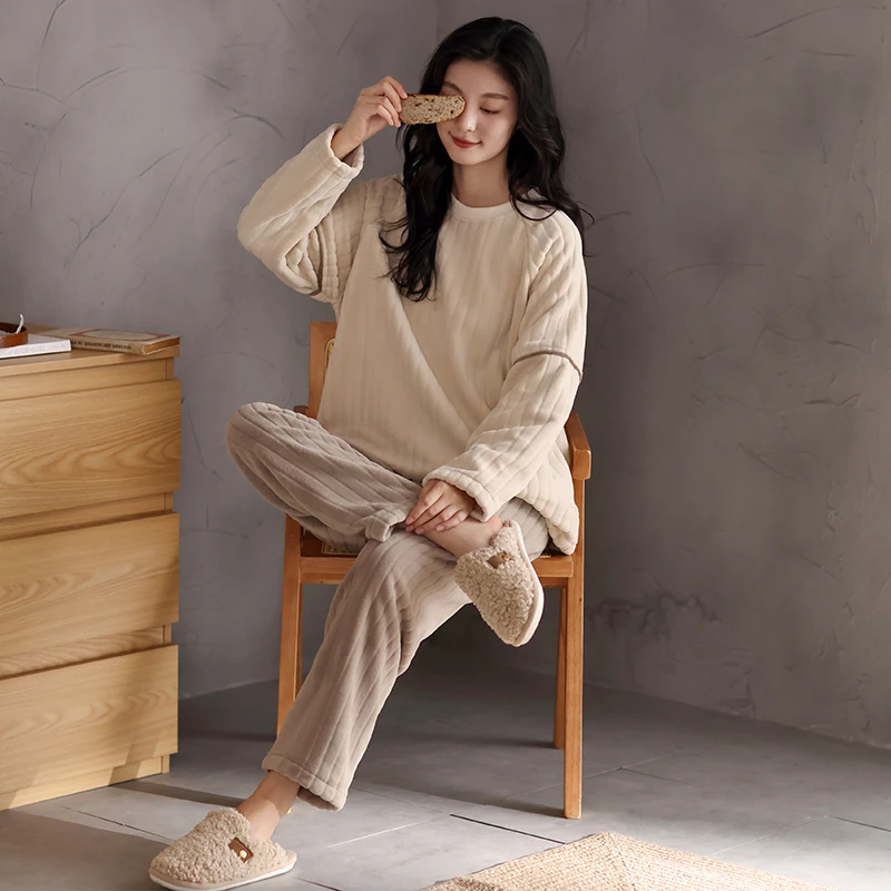 【新品】洁丽雅新款珊瑚绒女士睡衣秋冬季加绒加厚保暖家居服套装