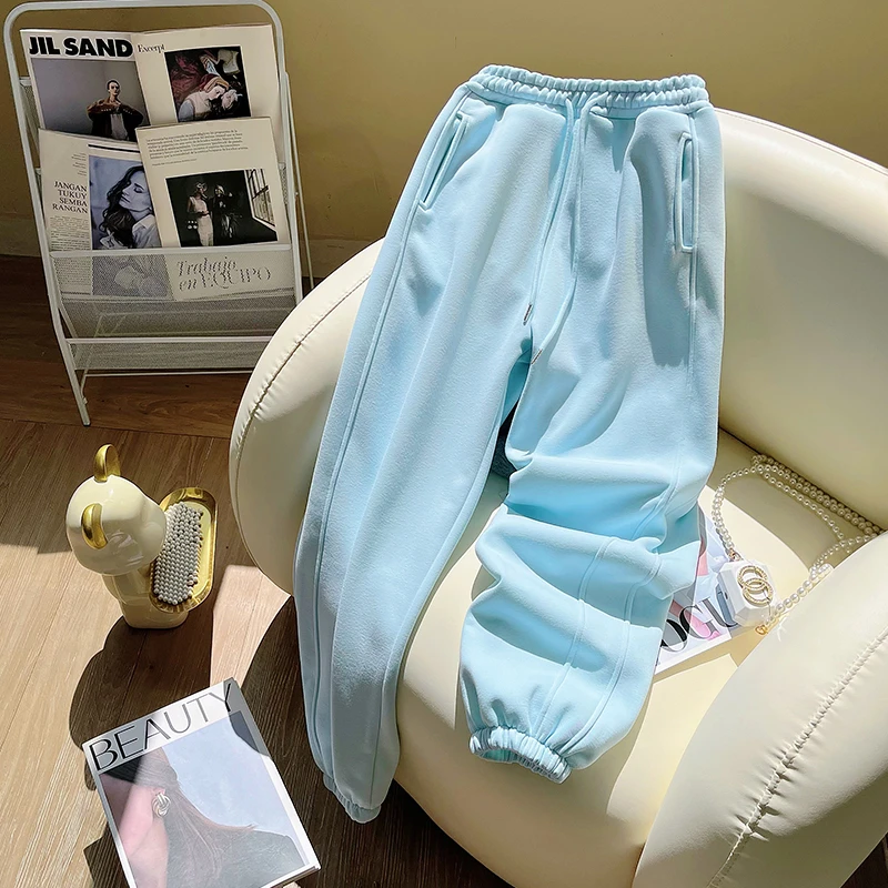 天蓝色束脚运动裤女秋冬季2026新款宽松显瘦收口高腰休闲加绒卫裤