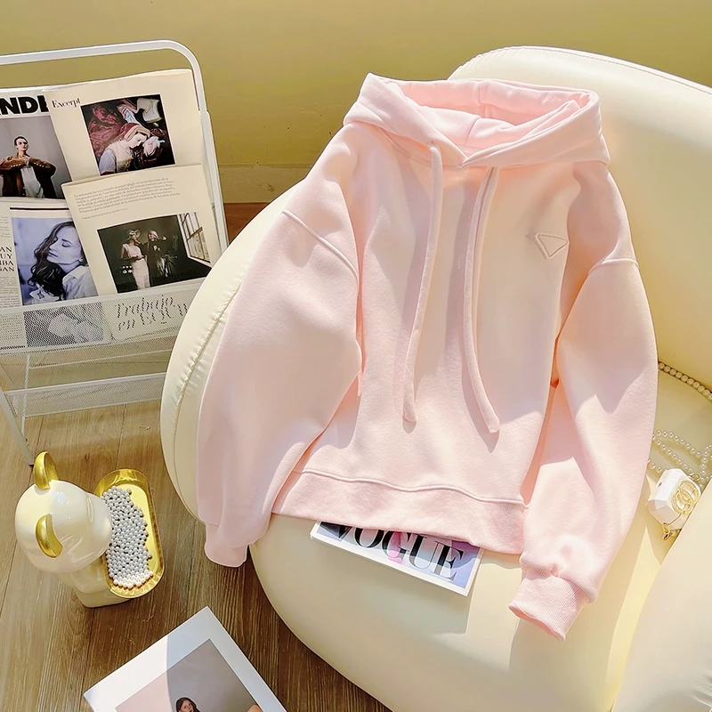 粉色超好看连帽卫衣女秋冬2025新款韩版三角标设计加绒外套上衣潮