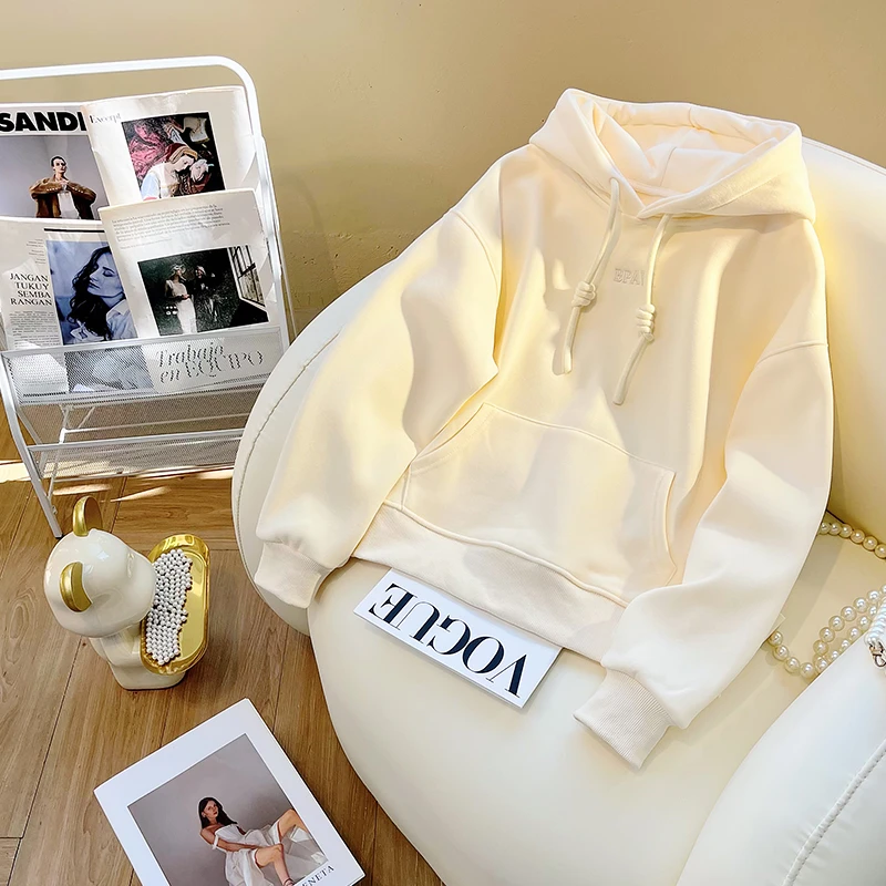 杏色连帽加绒卫衣女2025秋冬季美式复古宽松初中学生休闲套头上衣