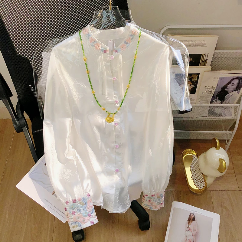 新中式国风白色提花复古衬衫女2025春秋新款禅意盘扣唐装汉服上衣