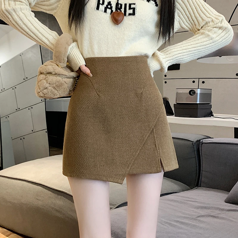 不规则毛呢半身裙女秋冬2024年新款高腰a字包臀裙防走光百搭短裙
