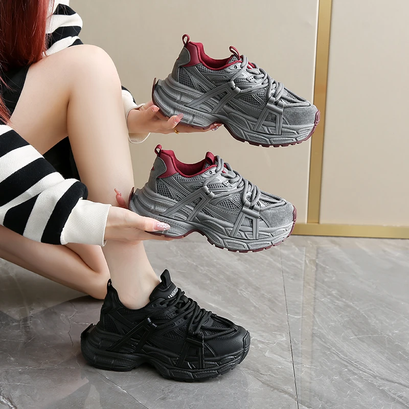 悟空老爹鞋2024秋冬季新款圆头系带时尚百搭网面休闲运动女鞋