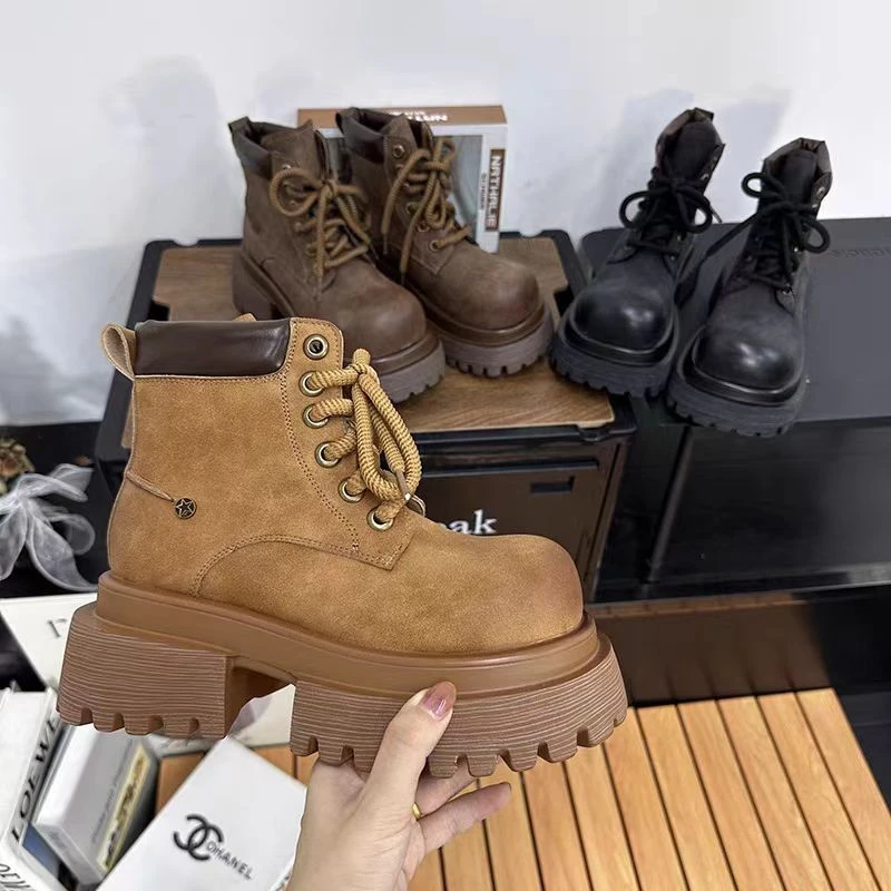 复古马丁靴女2024新款时尚百搭显腿长厚底增高英伦风小短靴