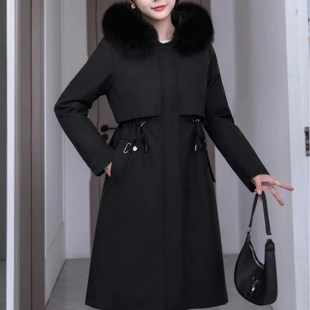 【若竹】新款派克服长款女款时尚连帽冬季保暖休闲大毛领23-189