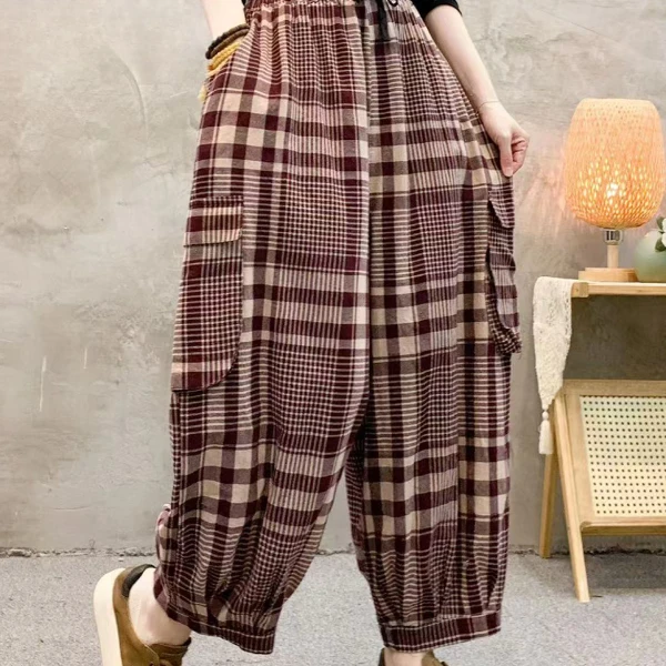 C2547初秋时尚休闲宽松南瓜裤女时尚休闲格纹