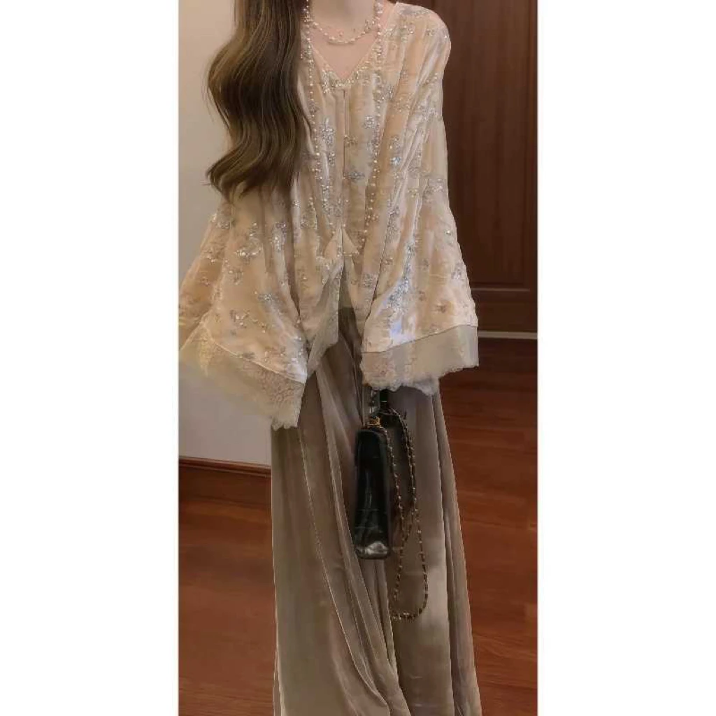 冬季国风新中式重工珠绣织金上衣&禅意松紧垂坠感丝绒阔腿裤