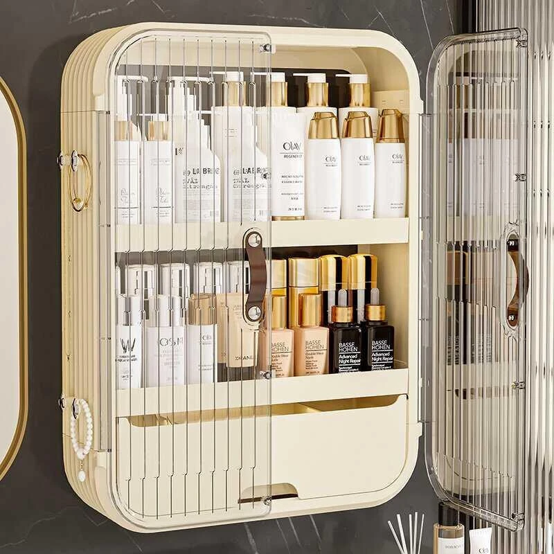 卫生间壁挂式防尘置物架带门浴室洗漱台化妆品洗发水收纳架免打孔