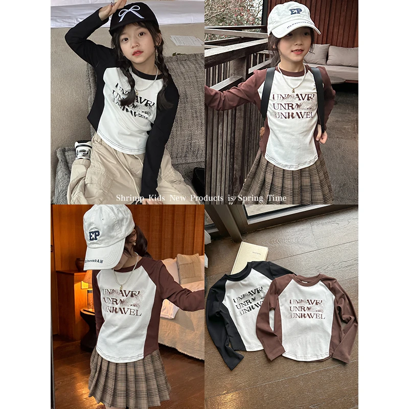 咸蛋小虾米童装2024年春装新款女童韩国拼色字母长袖T恤