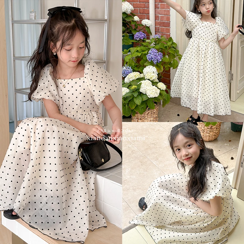 咸蛋小虾米童装2024年夏装新款韩国女童泡泡袖淑女波点连衣裙