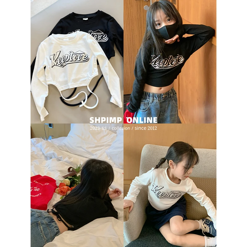 【韩系ins风】GULi23年春装女童字母短款背后系带舞蹈上衣T恤