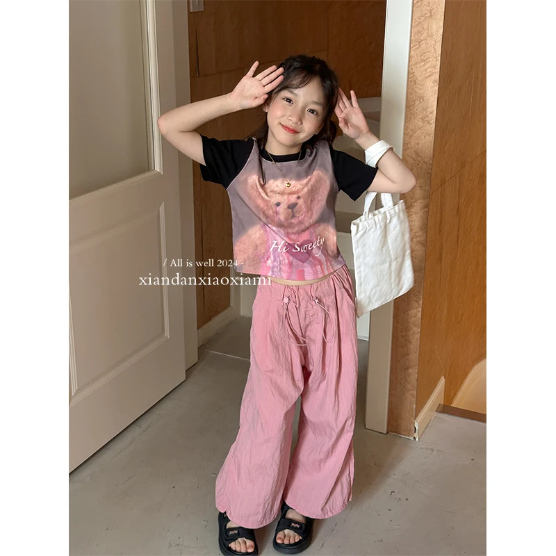 咸蛋小虾米童装2024年夏装新款韩国女童小熊短袖+速干运动裤套装