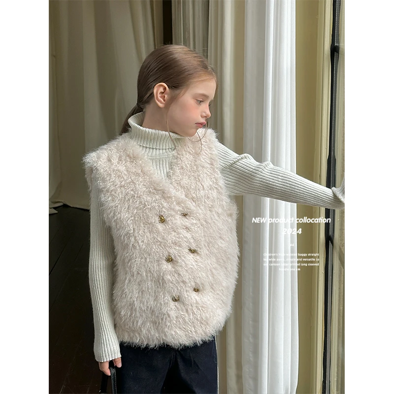 咸蛋小虾米童装2024年冬装新款韩国女童名媛气质一体毛毛马甲